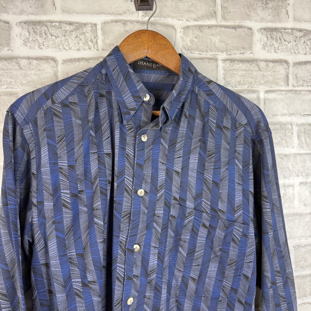 Jhane Barnes Dark Blue Geometric Stripe Long Sleeve Button Down Shirt Mens SMALL